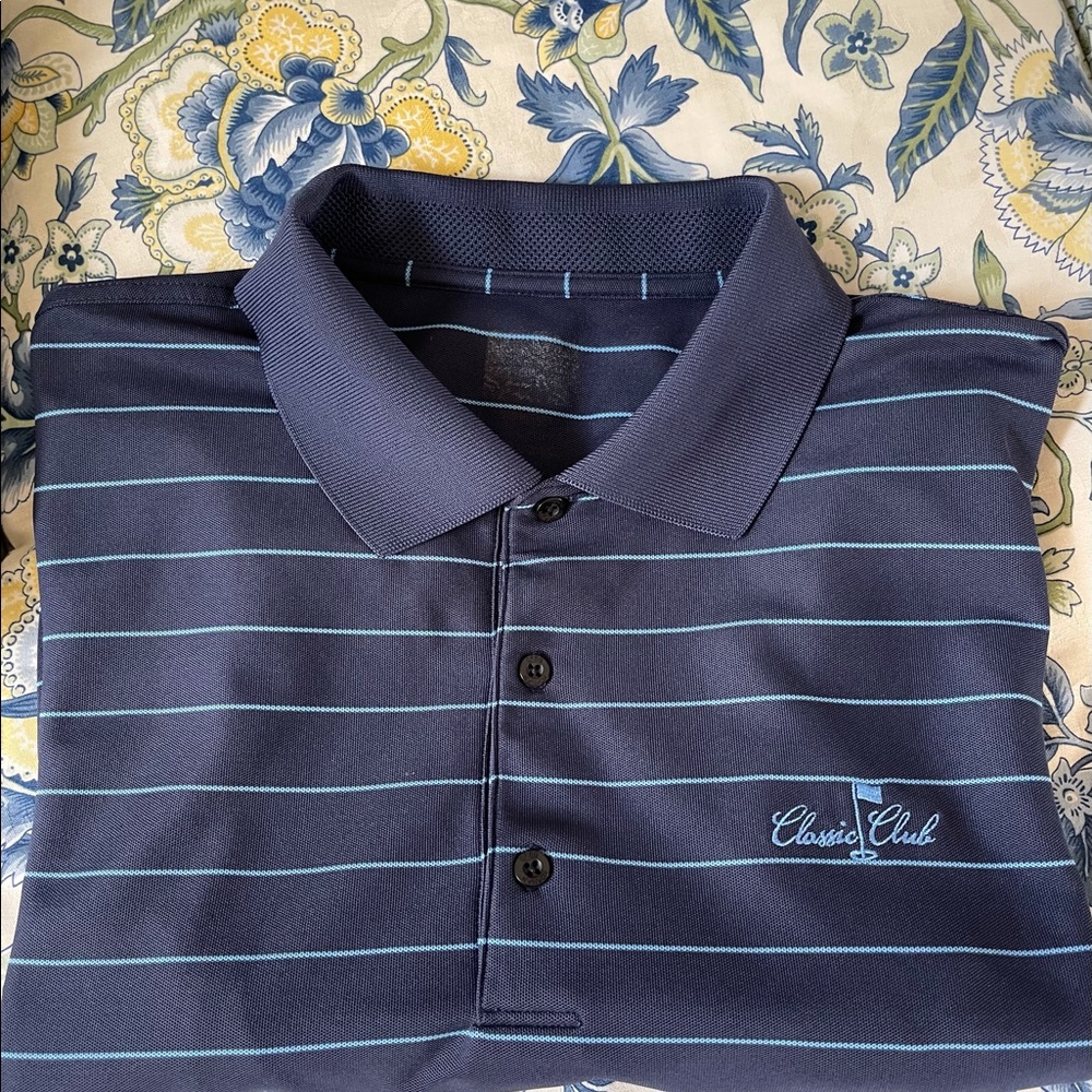 Greg Norman “Classic Club” Men’s Golf Shirt Navy with light blue stripes XL